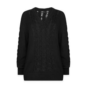 SAINT + SOFIA Cotton Cable Knit Sweater in Black